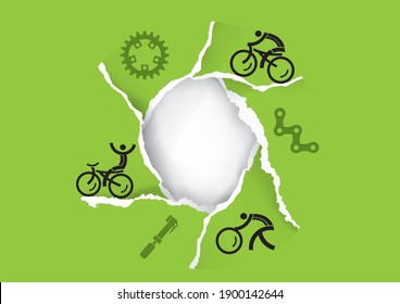 Cycling icons, torn paper banner. 
Illustration of ripped paper hole green background with cyclists and cycling symbols. Infographic template. Vector available.