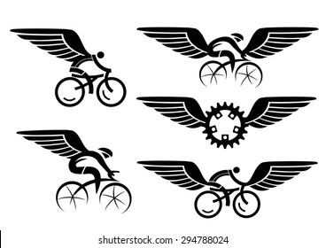 Cycling icons with wings.
Set of black cycling icons with wings . Vector illustration.
