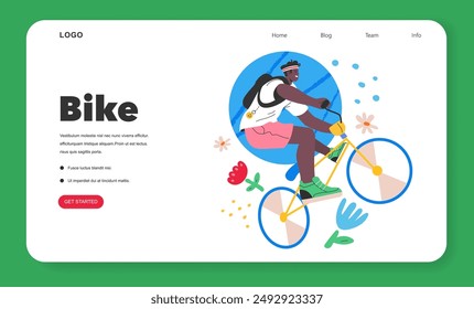 Cycling illustration. A person enjoys a sunny bike ride amidst colorful nature elements, promoting an active lifestyle. Vector illustration.