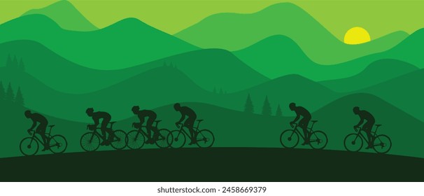 cycling illustration with views of green hills and sunrise. editable design, vector eps 10.