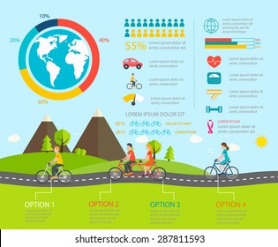 Cycling infographics with people riding bicycles.  Infographic with cyclists riding bikes, include tandem bicycle, vector illustration.