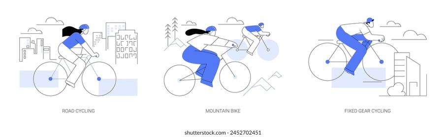 Cycling isolated cartoon vector illustrations set. Athlete riding bicycle outdoors, road cycling, mountain bike sport, fixed-gear, urban rider, healthy lifestyle, physical activity vector cartoon.