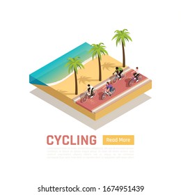 Cycling isometric summer background with people riding bicycles along south sea shore vector illustration