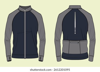 Cycling jacket with raglan sleeve full zip though high neck fashion flat sketch outline CAD mockup template for Activewear and sportswear.