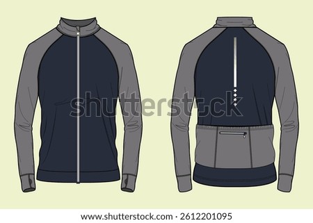 Cycling jacket with raglan sleeve full zip though high neck fashion flat sketch outline CAD mockup template for Activewear and sportswear.