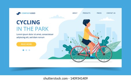 Cycling landing page. Man riding bicycle in the park. Illustration for active lifestyle, training, cardio exercising. Vector illustration in flat style