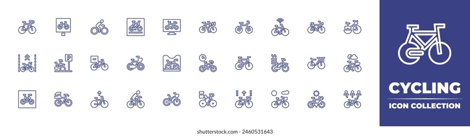 Cycling line icon collection. Editable stroke. Vector illustration. Containing bike, bicycle, bicycleparking, bikelane, deliverybike, cycling, parking, bikerental.