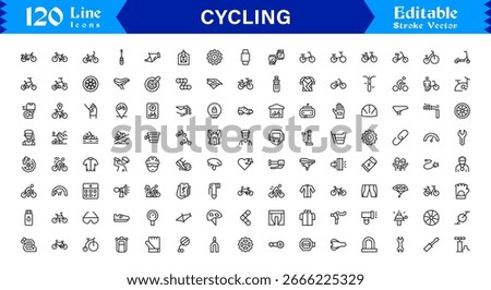 Cycling line icon set featuring minimal, editable, and pixel-perfect vector icons designed for biking, road cycling, and active lifestyle concepts.