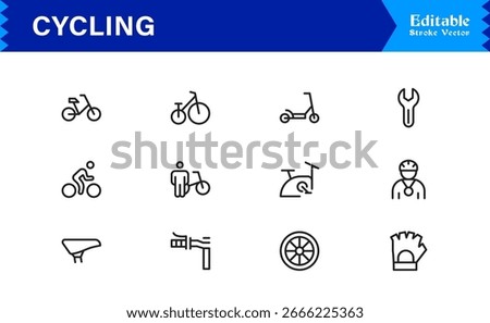 Cycling line icon set featuring minimal, editable, and pixel-perfect vector icons designed for biking, road cycling, and active lifestyle concepts.