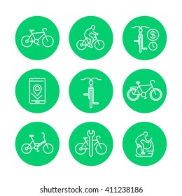 Cycling line icons, cyclist, bicycle, bike repair, round green icons on white, vector illustration