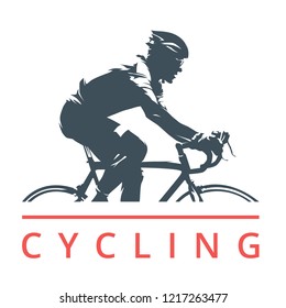 Cycling Logo, Cyclist On Road Bike, Side View, Isolated Vector Silhouette. Individual Outdoor Sport