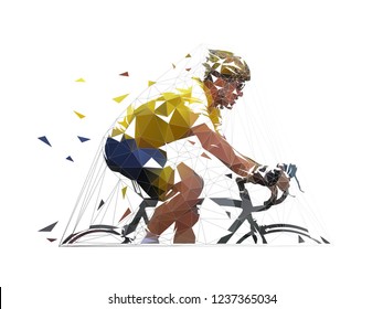 Cycling, low polygonal road cyclist in yellow jersey, side view. isolated vector geometric illustration