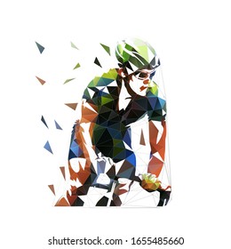 Cycling, low polygonal road cyclist, isolated vector illustration
