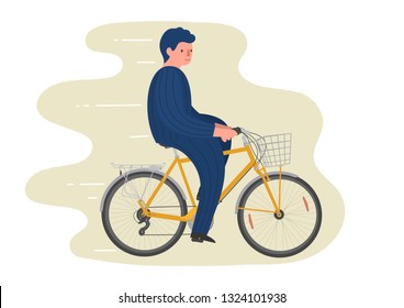 Cycling man. Hand drawn flat man on bike with basket. 