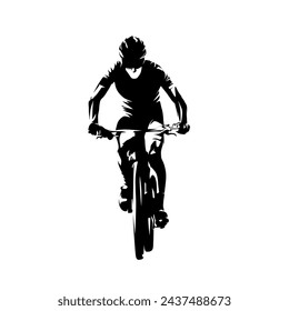 Cycling, man riding a mountain bike, front view, isolated vector silhouette