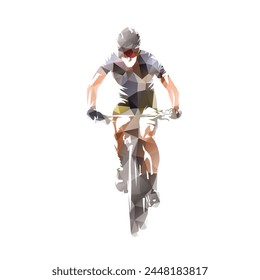 Cycling, man riding a mountain bike, front view, isolated low poly vector illustration