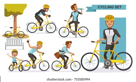 Cycling man set. male road cyclist. city bike Relax in the park, exercise, Go to work. Biker culture concept. cartoon vector 