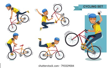 Cycling man set. Stunt bike cartoon characters of male. exercise, motion, Healthy and Challenging Teens Concept.  Vector  illustration. isolated on white background