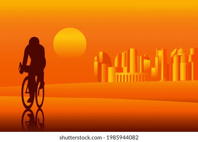 Cycling man silhouette with city skyscraper sunset background vector illustration