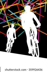 Cycling man and woman in  abstract sport vector concept background illustration