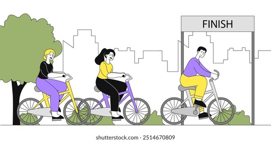 Cycling marathon concept. Man and women on bicycles ride to finish line. Competitions and tournament. Active lifestyle and sports. Athletes participate in race. Linear vector illustration