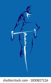 Cycling minimalism vector. Cyclist athlete sportsman sketch, blue, white background