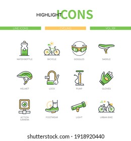 Cycling - modern line design style icons set. Sport and exercising concept. Sportive equipment images. Water bottle, bicycle, goggles, saddle, helmet, lock, pump, gloves, action camera, urban bike