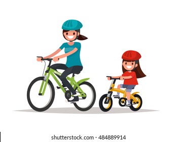 Cycling. Mother and daughter are riding bikes. Vector illustration of a flat design