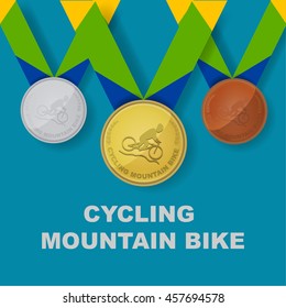 Cycling mountain bike sport icon on medal award set with Brazilian color theme designed of ribbon in vector illustration 