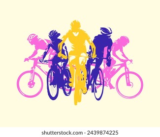 Cycling, mountain biking and road cycling, isolated vector silhouette