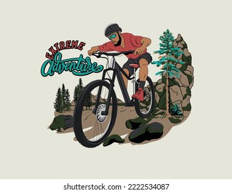 cycling in mountain vector illustration with adventure typography design