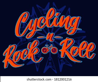 Cycling n rock & roll lettering art over a electrig flying v guitar repetition patern over a dark blue background. Vintage bike design ideal for stamps