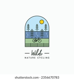 Cycling in nature, biking along the river through wilderness badge logo, icon, sticker design vector