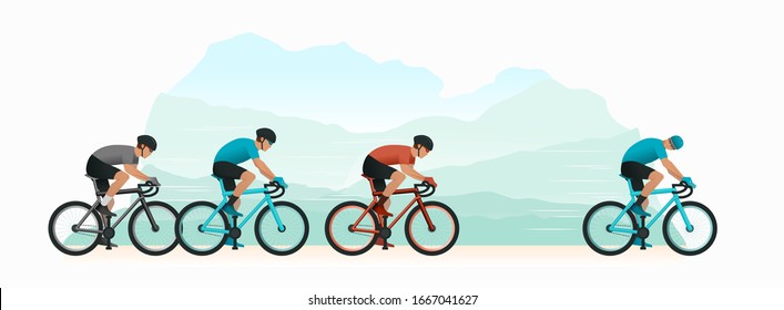 Велоспорт на природе. Велосипедисты преследуют лидера гонки. Голова пелотона. Велосипедист оглядывается на преследователей. Векторная иллюстрация.