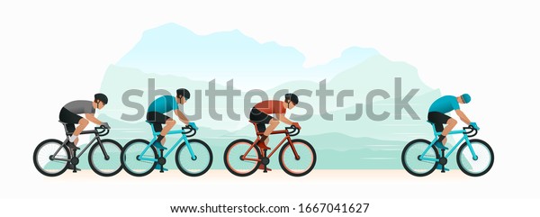 Cycling in nature. Cyclists chase the\
leader of the race. The head of the peloton. The cyclist looks back\
at the pursuers. Vector\
illustration.