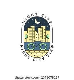 cycling at night in the city badge vector illustration. city and bicycle monoline or line art style. design can be for t-shirts, sticker, printing needs