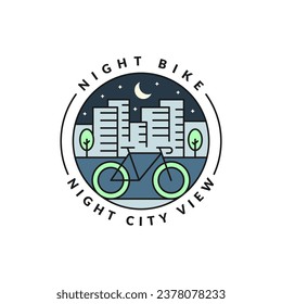 cycling at night in the city badge vector illustration. city and bicycle monoline or line art style. design can be for t-shirts, sticker, printing needs