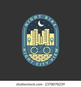 cycling at night in the city badge vector illustration. city and bicycle monoline or line art style. design can be for t-shirts, sticker, printing needs