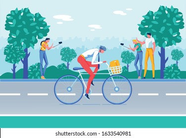 Cycling Office Worker Flat Vector Illustration. Businessman Riding Bike and People Making Selfie, Hurrying Manager and Photographing Bloggers Faceless Characters. Hobby, Pastime Contrast Concept