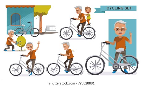 Cycling Older set. grandfather and Grandson. male Relax in the  city bike, Leisure, activities, Landscaping, exercise, motion,  Vector  illustration. isolated on white background