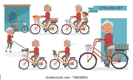 Cycling Older Set. Grandma And Little Niece. Female Relax In The  City Bike, Doggy, Exercise, Go To Work, Go To The Market, Flower In A Bicycle Basket. Vector  Illustration. Isolated On White 