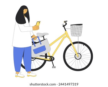 Cycling on bicycle isolated on white background. Woman standing near her city urban bike with basket. Vector flat line art illustration