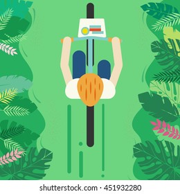 Cycling on trail. Bike trip vector illustration.