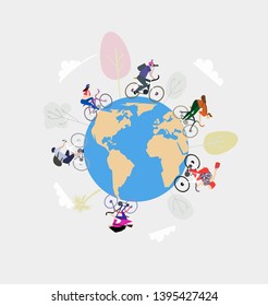 Cycling over the word. Global biking. People in the world prefer bikes. Concept illustration