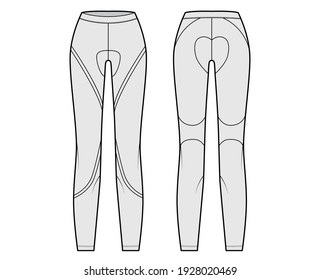 Cycling pants Leggings technical fashion illustration with low waist, rise, full length. Flat sport training, casual bottom knit trousers apparel template front, back, grey color. Women men CAD mockup