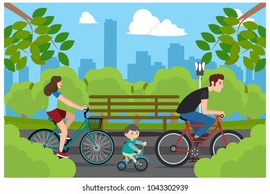 cycling in the park with the child, vector illustration