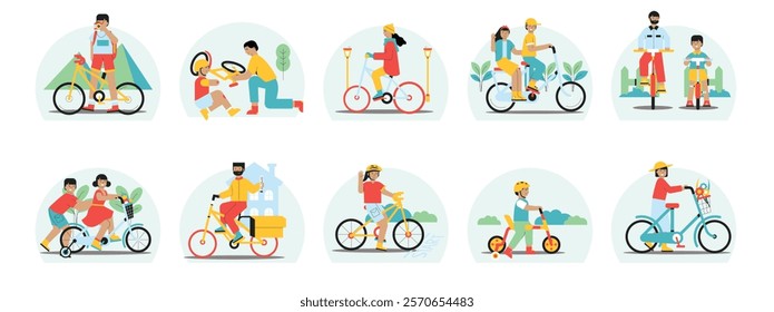 Cycling in the park, seeing the beauty of nature while being calm. Character design. Vector flat illustration
