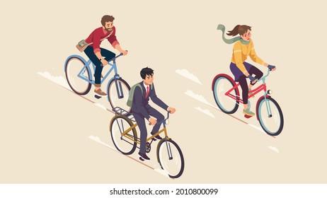 Cycling People, Business, Casual Dressed Cyclist Ride Bikes. Smiling Young Man, Woman Cartoon Characters Group Cycle. Healthy Transportation, City Transport, Sport Flat Isometric Vector Illustration