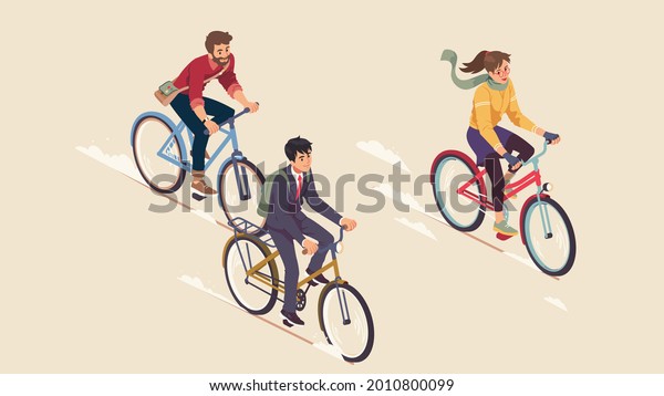 Cycling people, business, casual dressed\
cyclist ride bikes. Smiling young man, woman cartoon characters\
group cycle. Healthy transportation, city transport, sport flat\
isometric vector\
illustration