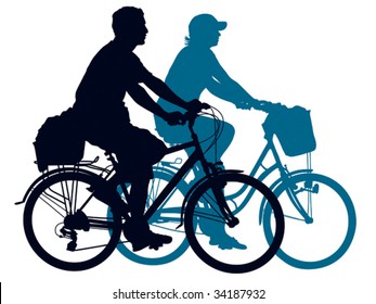 Cycling people on a summer trip. Vector illustration.